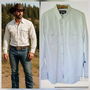 Roar Signature Western Button Down Crisp White Shirt with Tonal Design Size L